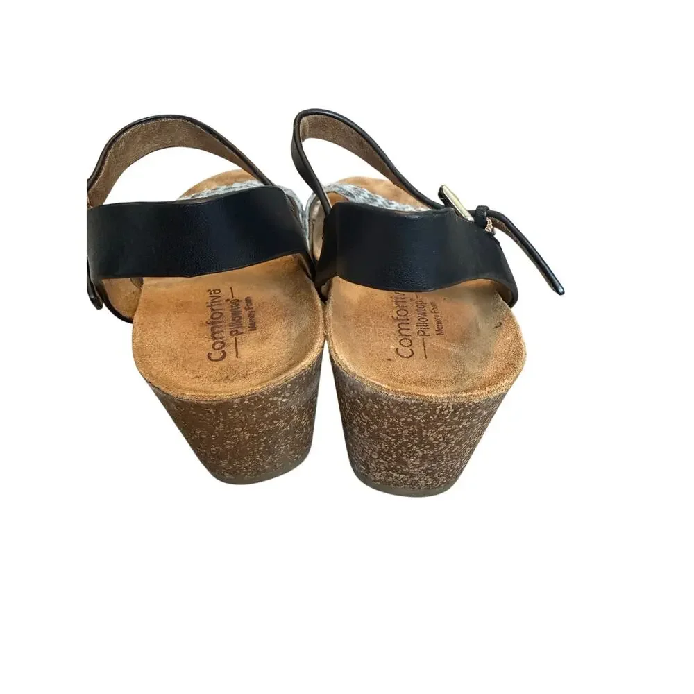 Comfortiva Eshana Wedge Sandals Gray Woven Leather Black Ankle Strap Size 7.5